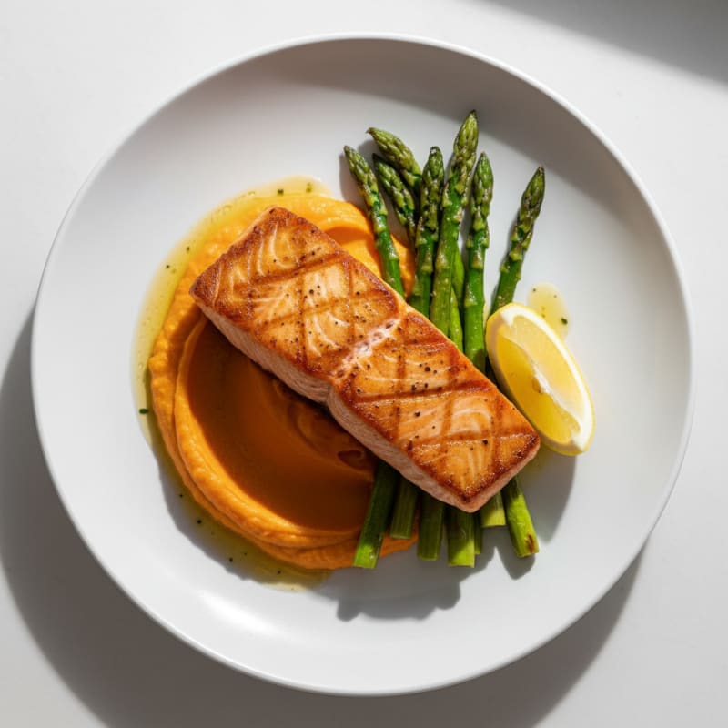 Seared Salmon Fillet with Roasted Asparagus and Sweet Potato Mash