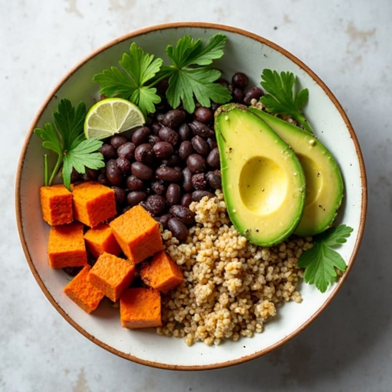 Sweet Potato and Black Bean Power Bowl with Creamy Avocado Dressing