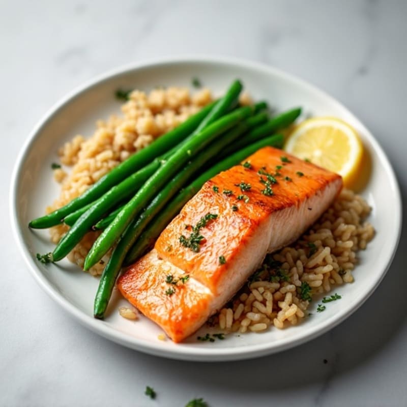 Seared Salmon with Garlic Green Beans and Brown Rice