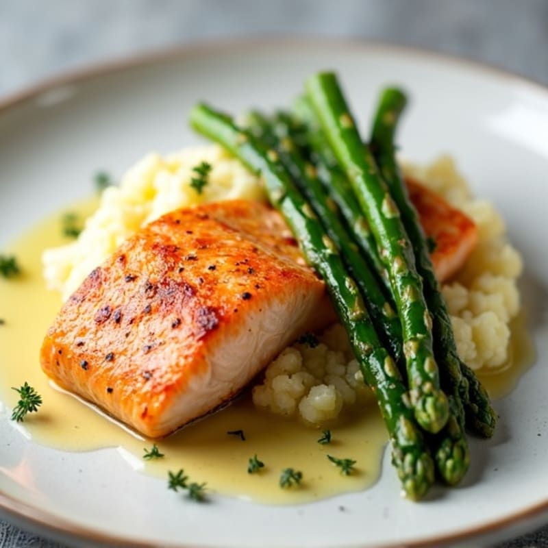 Seared Salmon with Steamed Asparagus and Cauliflower Mash