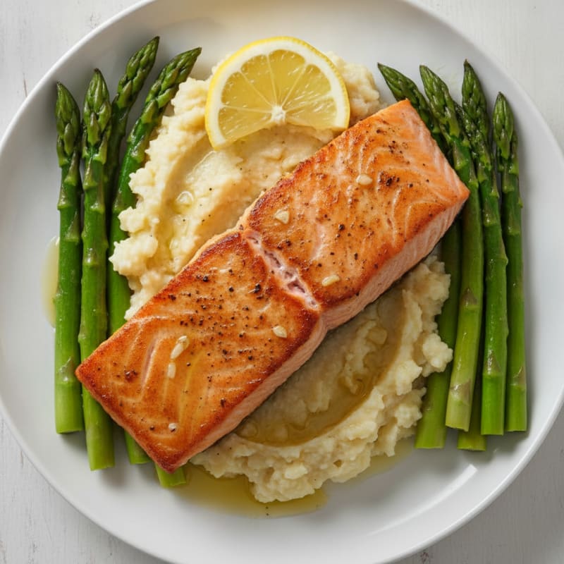 Seared Salmon with Steamed Asparagus and Mashed Cauliflower