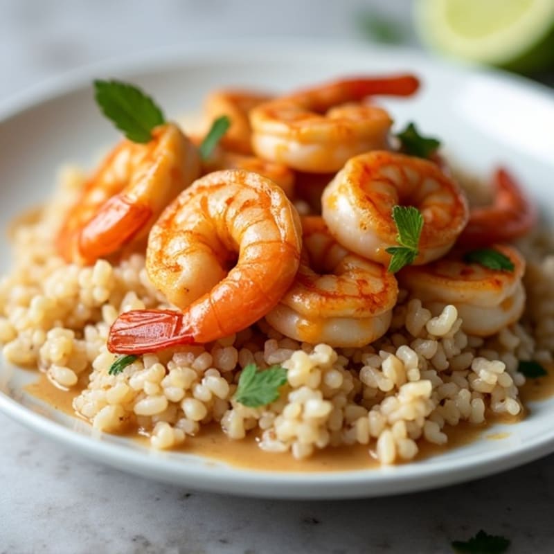 Pan-Seared Shrimp with Creamy Peanut Sauce and Brown Rice