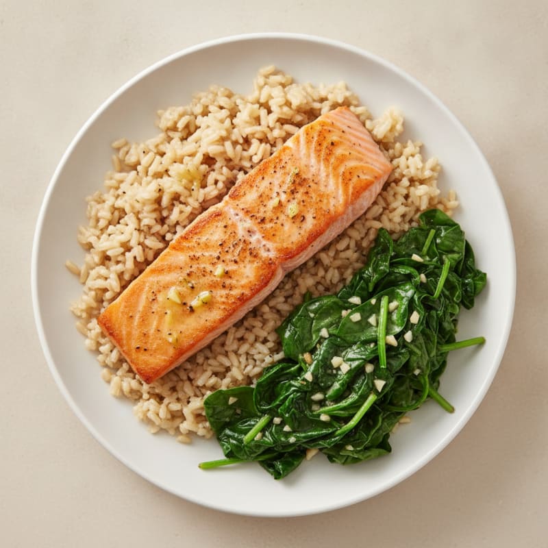 Seared Salmon with Garlic Spinach and Brown Rice