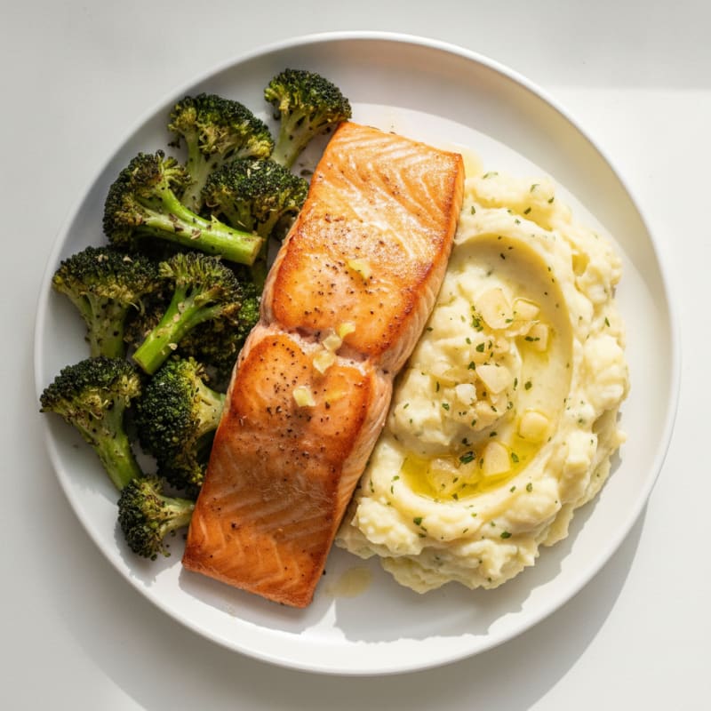 Seared Salmon with Herb-Roasted Broccoli and Garlic Mashed Potatoes