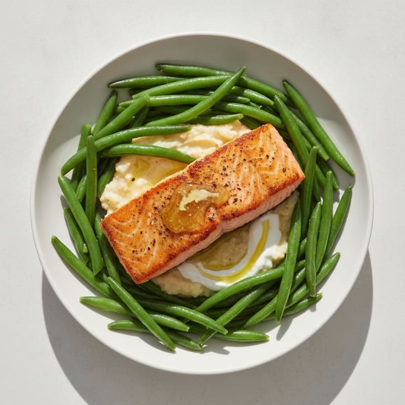 Seared Salmon with Steamed Green Beans and Garlic Cauliflower Mash