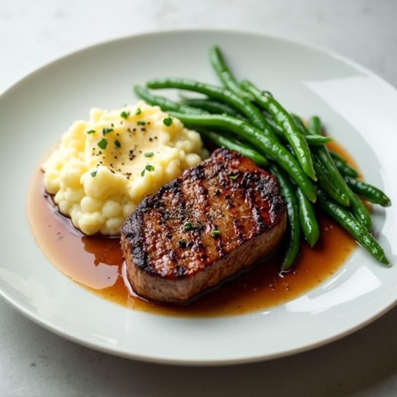 Seared Sirloin Steak with Steamed Green Beans and Mashed Cauliflower