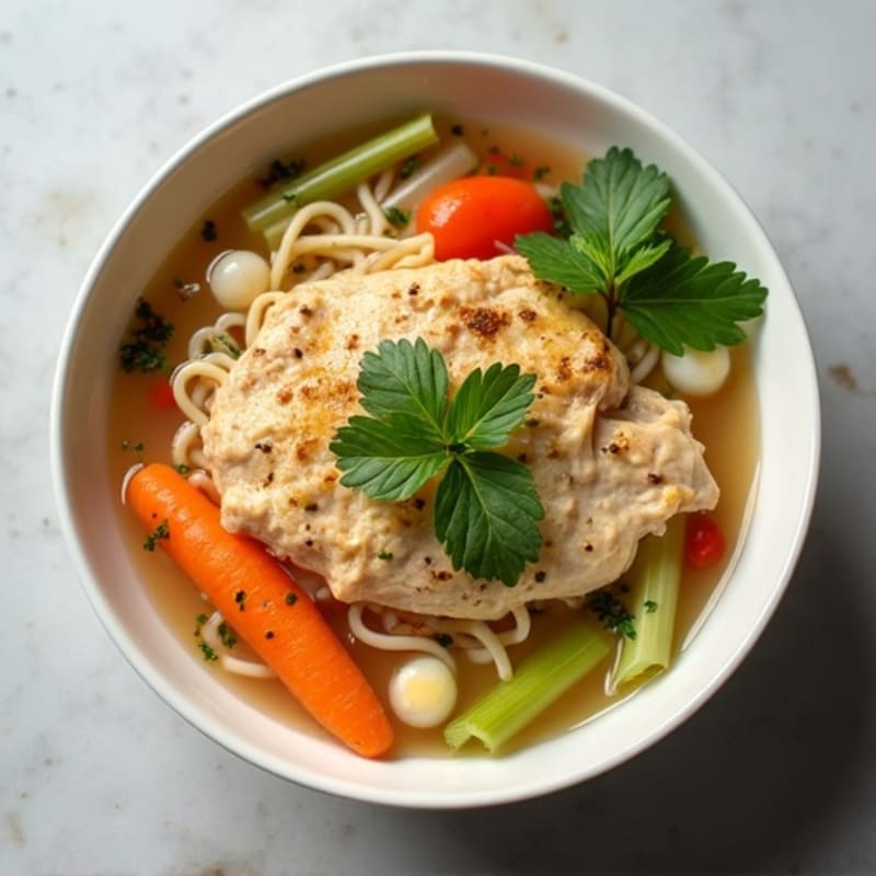 Aromatic Chicken Broth Bowl with Silky Noodles and Fresh Herbs