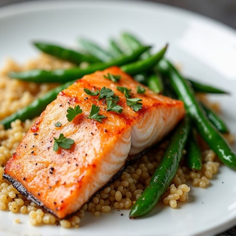 Seared Salmon Fillet with Garlic Green Beans and Quinoa