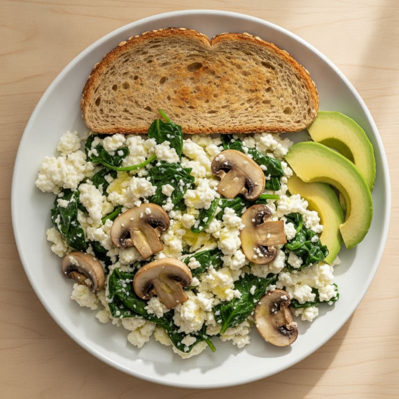 Egg White Spinach Scramble with Cottage Cheese and Sautéed Mushrooms