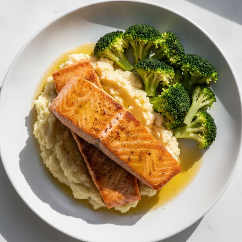 Seared Salmon with Steamed Broccoli and Garlic Cauliflower Mash