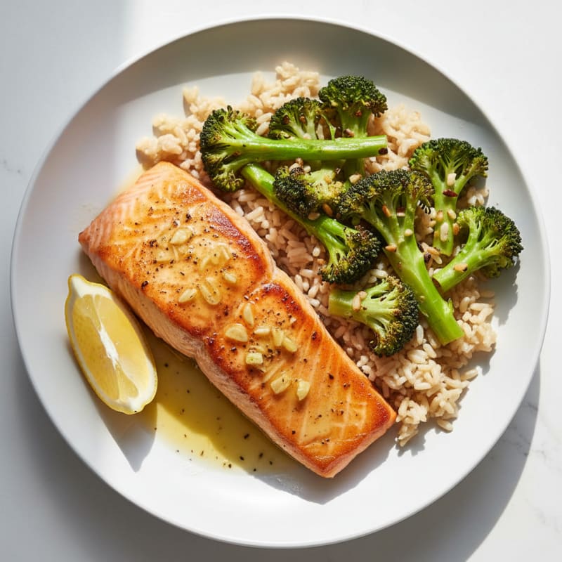 Seared Salmon with Garlic Broccoli and Brown Rice