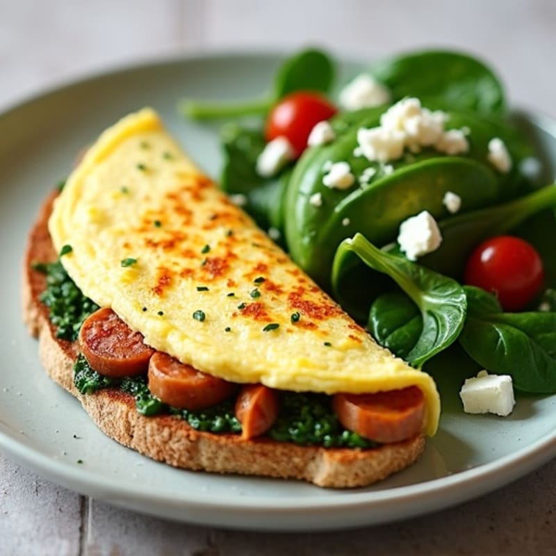 Egg White Omelet with Turkey Sausage and Sautéed Spinach