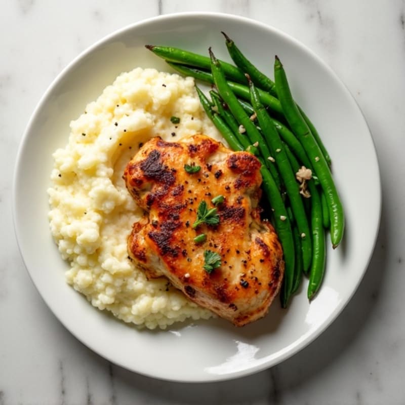 Seared Chicken Thighs with Garlic Green Beans and Cauliflower Mash