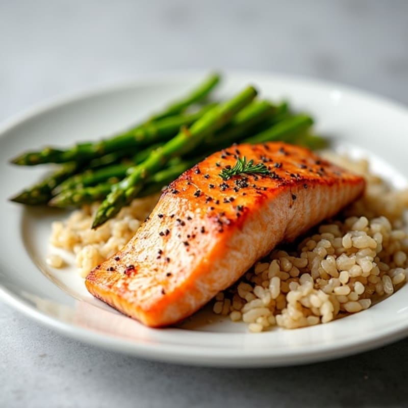 Seared Salmon Filet with Steamed Asparagus and Brown Rice