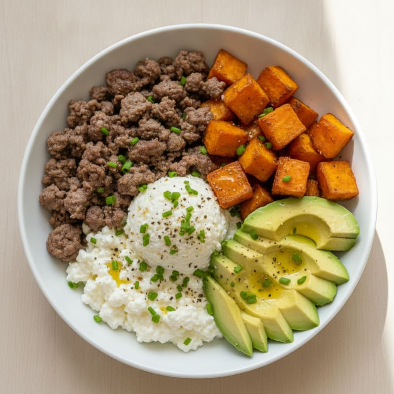 Beef and Sweet Potato Cottage Cheese Bowl