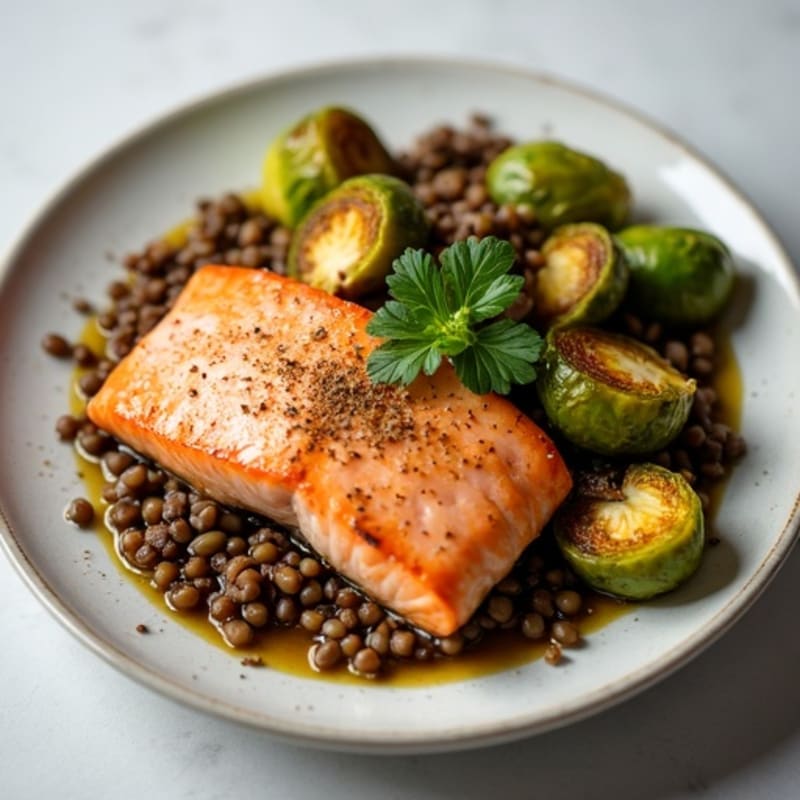 Seared Salmon Fillet with Lentil Salad and Roasted Brussels Sprouts