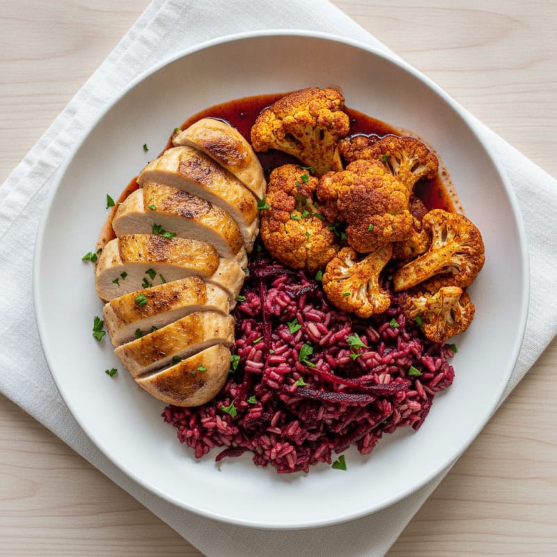 Roasted Chicken and Cauliflower with Beetroot Rice