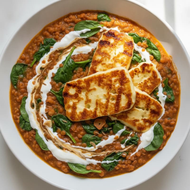 Creamy Lentil Stew with Spinach and Grilled Halloumi