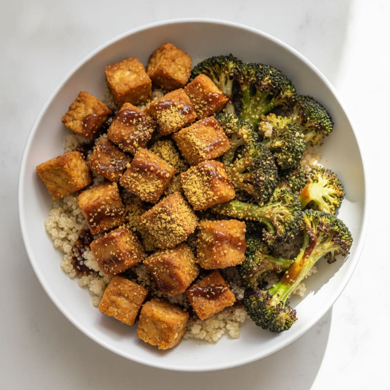 Crispy Tempeh Power Bowl with Quinoa and Roasted Broccoli