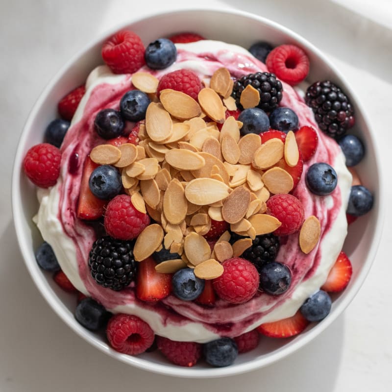 Greek Yogurt Protein Parfait with Mixed Berries and Almonds