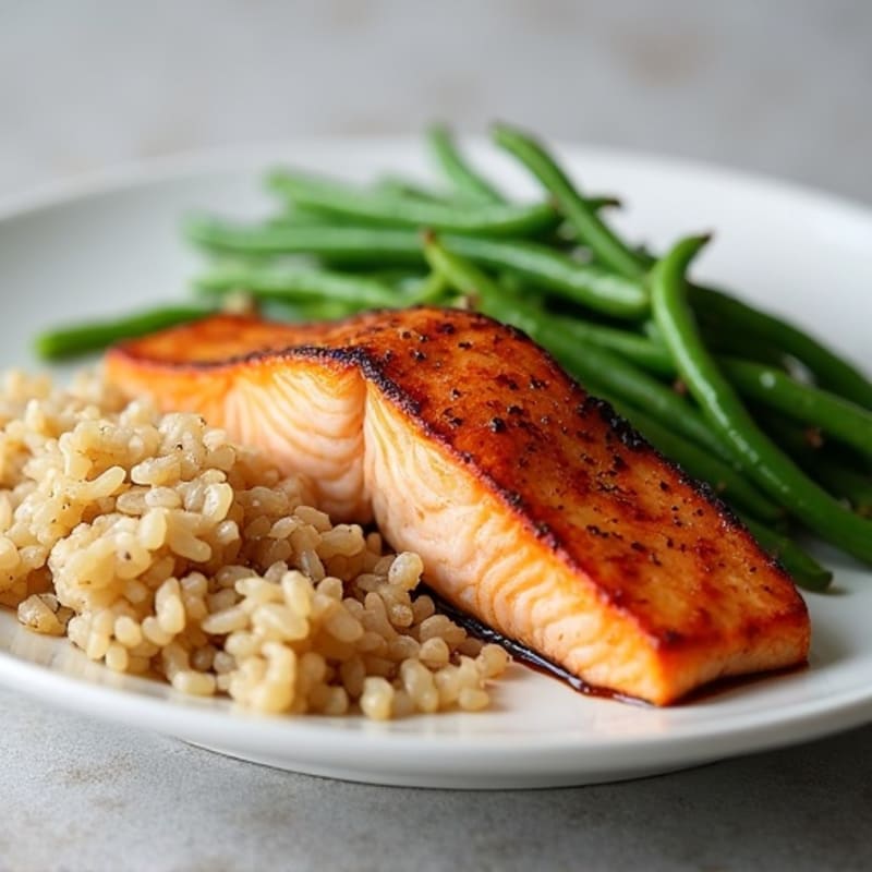 Seared Salmon with Steamed Green Beans and Brown Rice