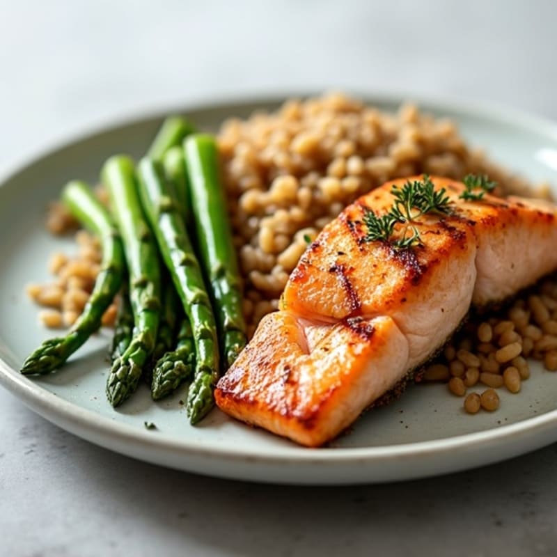 Seared Salmon Fillet with Steamed Asparagus and Brown Rice