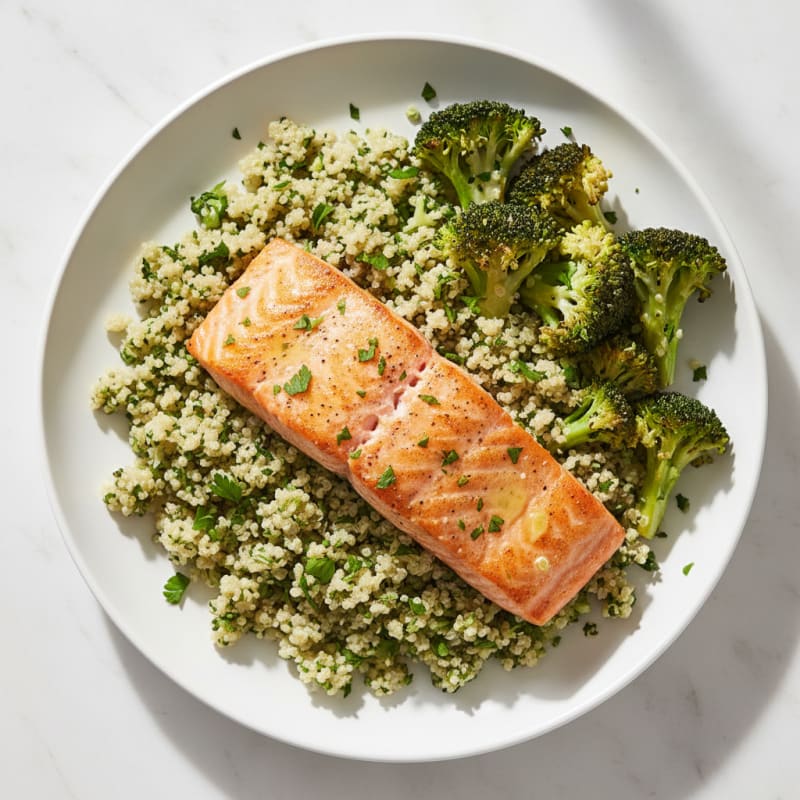 Seared Salmon Fillet with Roasted Broccoli and Herb Quinoa