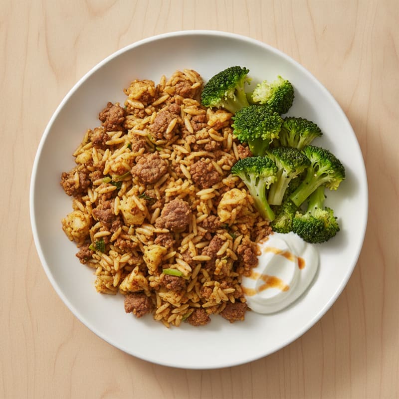 Lean Beef and Vegetable Biryani with Steamed Broccoli