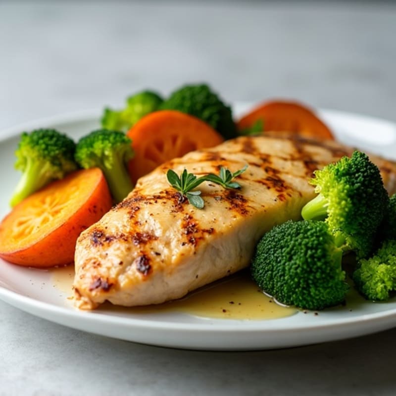 Grilled Lemon-Garlic Chicken Breast with Roasted Sweet Potato and Steamed Broccoli