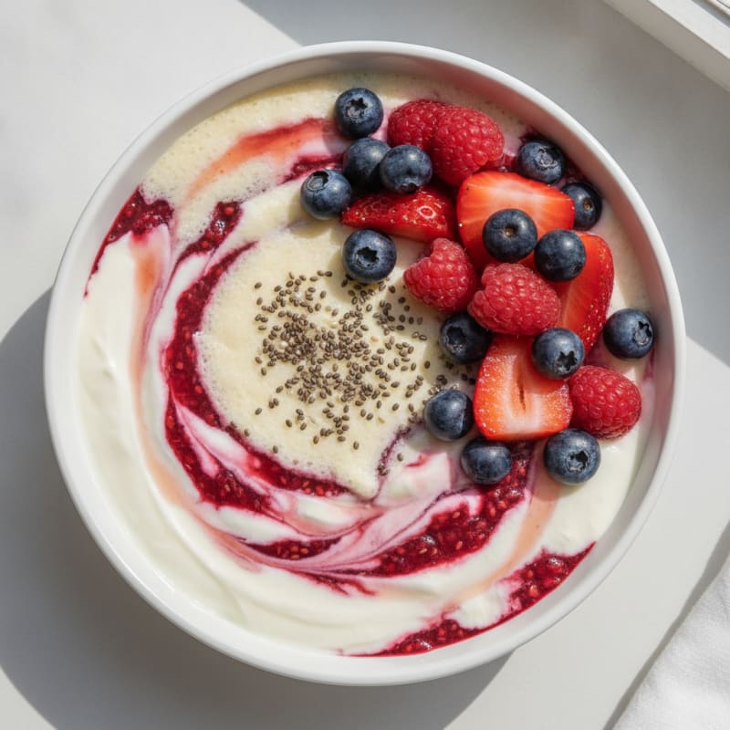 Vanilla Protein Yogurt Parfait with Chia Seeds and Mixed Berries