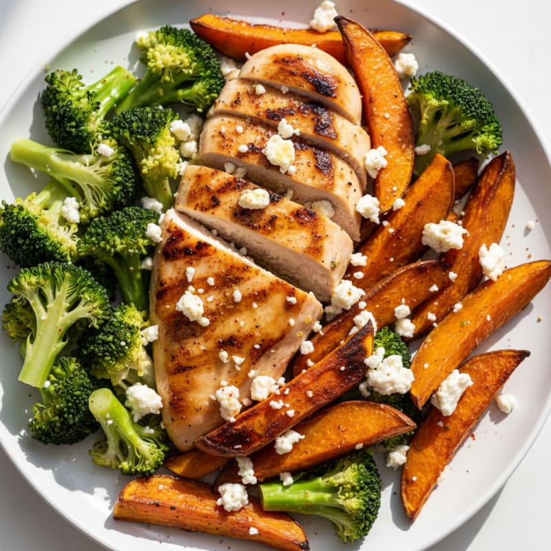 Grilled Chicken Breast with Roasted Sweet Potato and Steamed Broccoli
