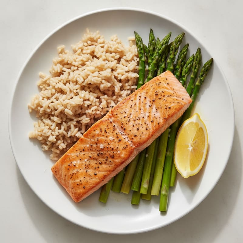 Seared Salmon with Steamed Asparagus and Brown Rice