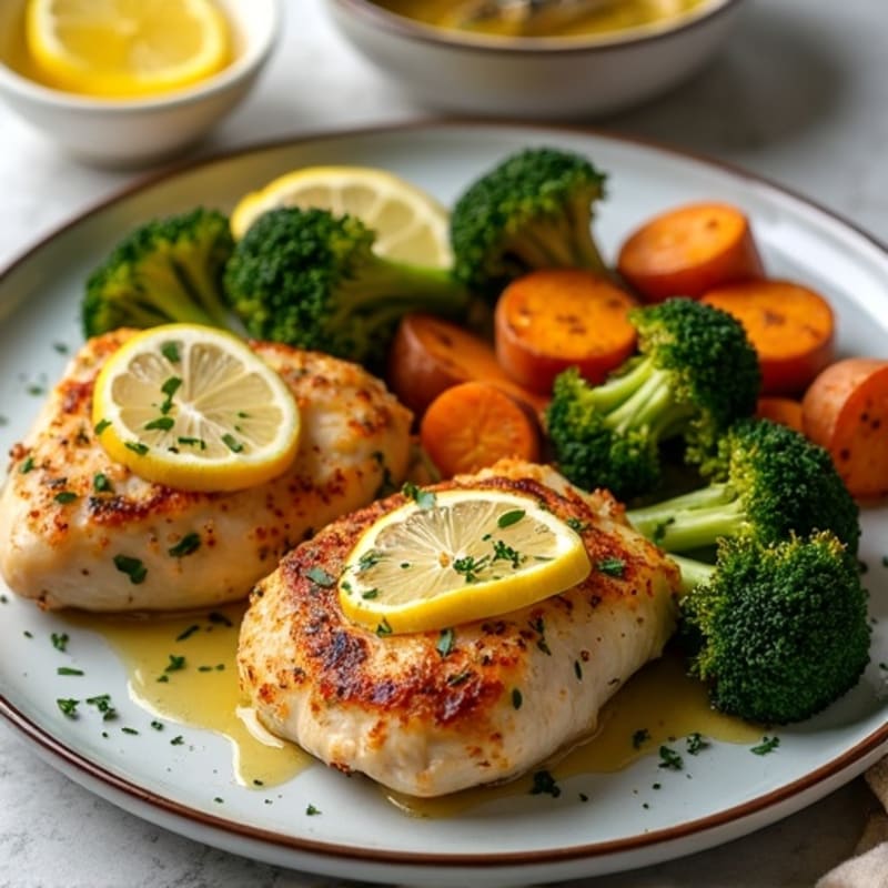 Sheet Pan Lemon Herb Chicken with Crispy Roasted Broccoli and Sweet Potatoes