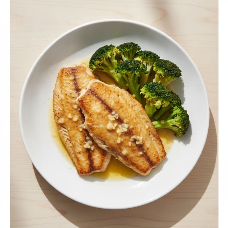 Lemon Garlic Pan Seared Tilapia with Steamed Broccoli