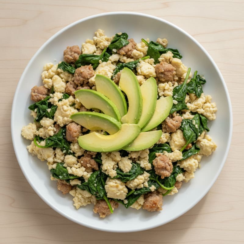 Egg White and Turkey Sausage Scramble with Sautéed Spinach