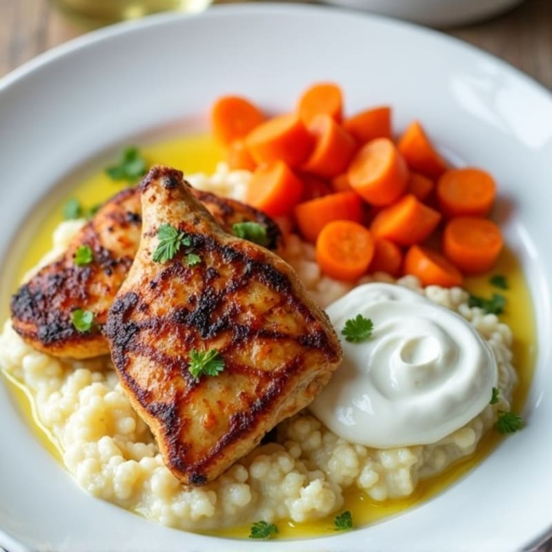 Seared Chicken Thighs with Creamy Garlic Cauliflower Mash and Roasted Carrots