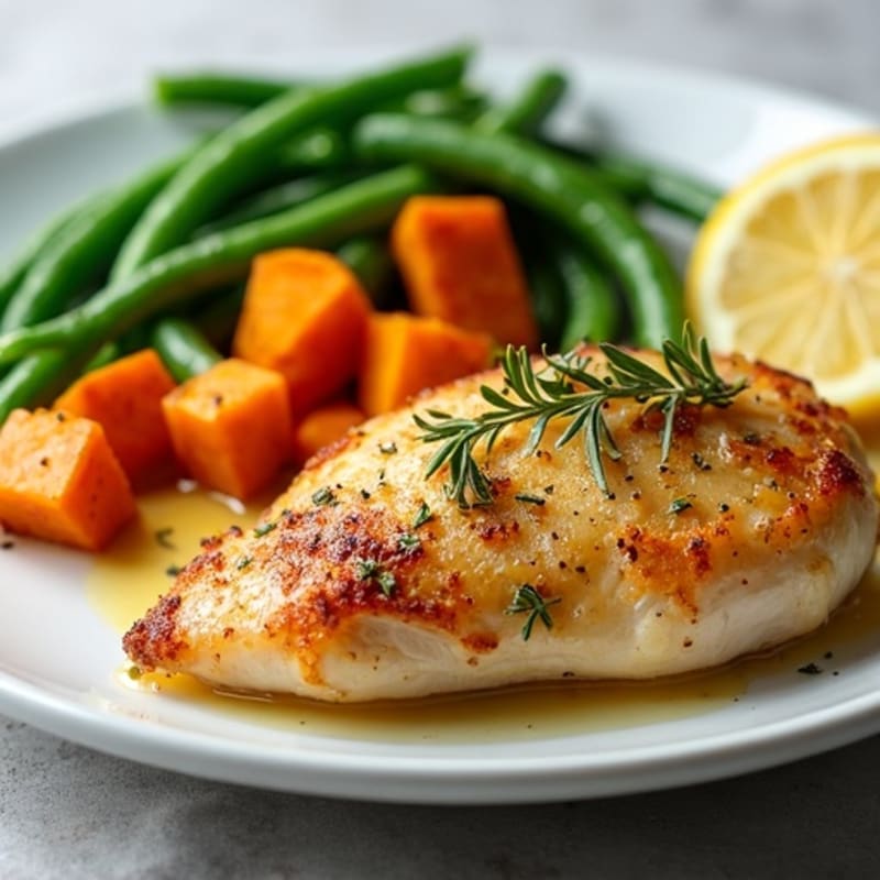 Crispy Lemon-Herb Baked Chicken with Roasted Sweet Potatoes and Fresh Green Beans