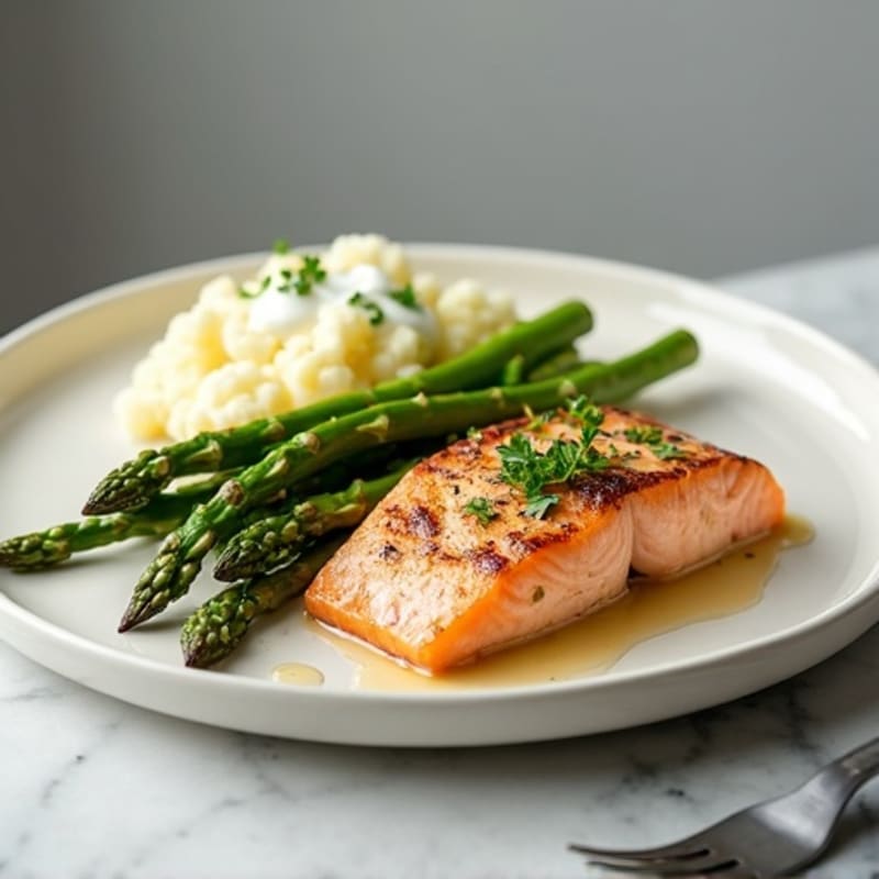 Seared Salmon Filet with Steamed Asparagus and Cauliflower Mash
