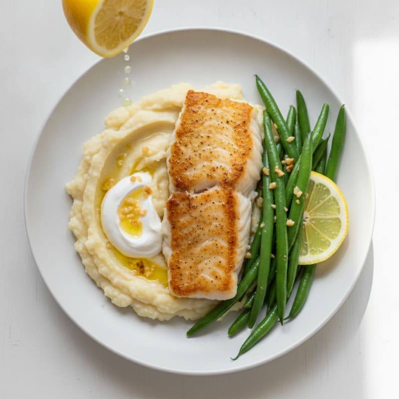 Seared Cod with Lemon-Garlic Green Beans and Cauliflower Mash