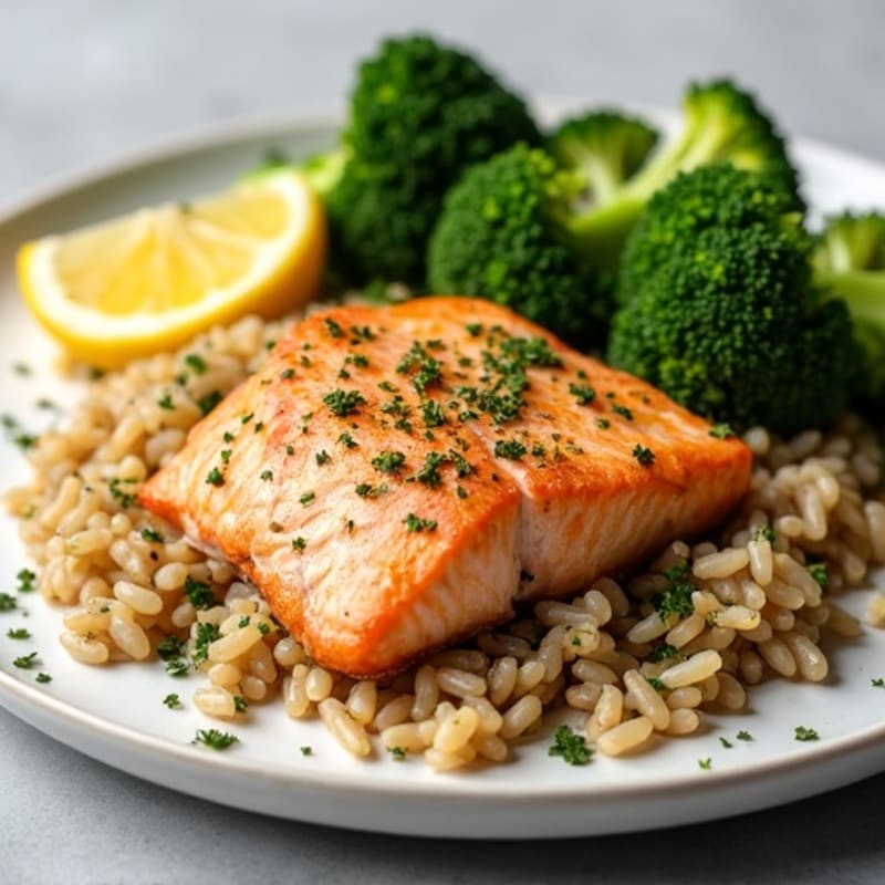 Flaky Baked Salmon with Lemon Herb Brown Rice and Roasted Broccoli