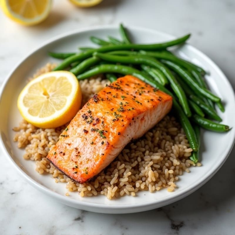 Seared Salmon with Garlic Green Beans and Brown Rice