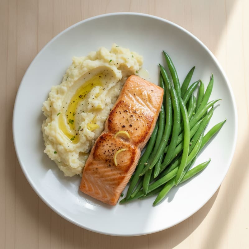 Seared Salmon with Steamed Green Beans and Garlic Mashed Cauliflower