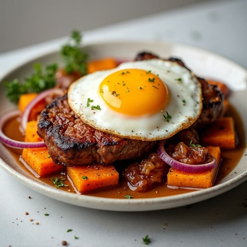 Steak and Crispy Sweet Potato Hash with Sunny-Side Up Eggs