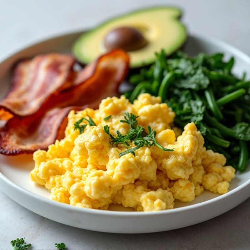 Crispy Turkey Bacon and Egg White Scramble with Sautéed Spinach