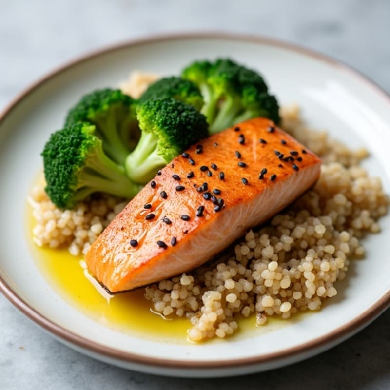 Seared Salmon with Steamed Broccoli and Quinoa