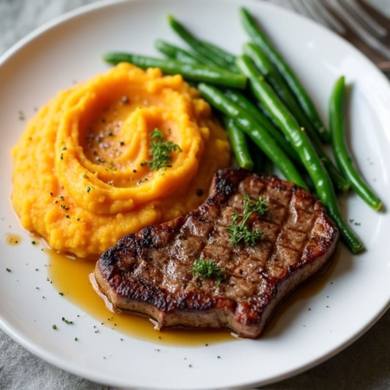 Seared Sirloin Steak with Garlic Green Beans and Mashed Sweet Potatoes