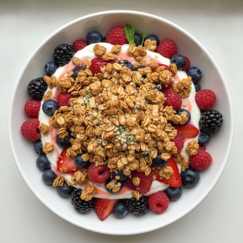 Greek Yogurt Parfait with Crunchy Almond Granola and Mixed Berries