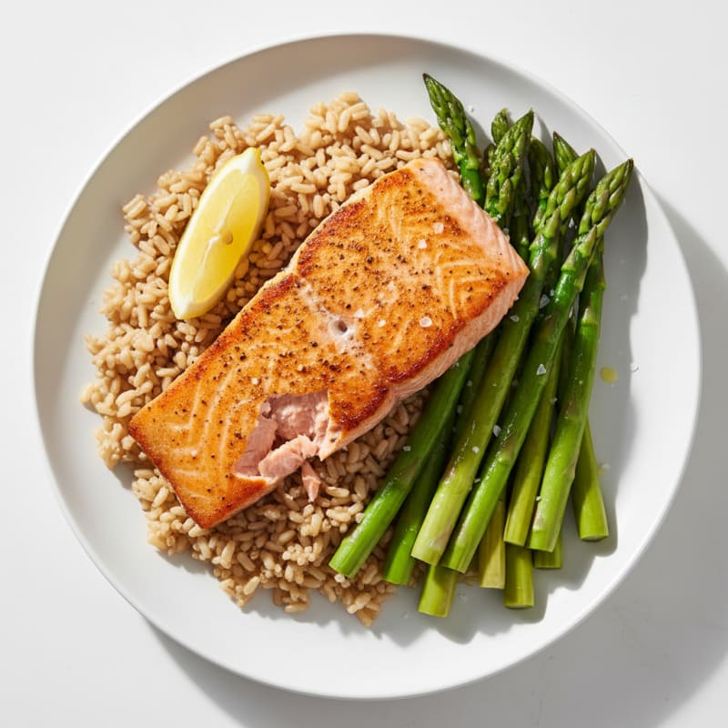 Seared Salmon with Steamed Asparagus and Brown Rice