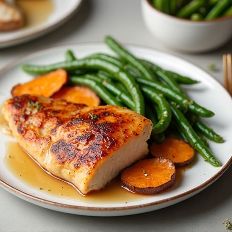 Maple Glazed Chicken with Crispy Roasted Sweet Potatoes and Green Beans