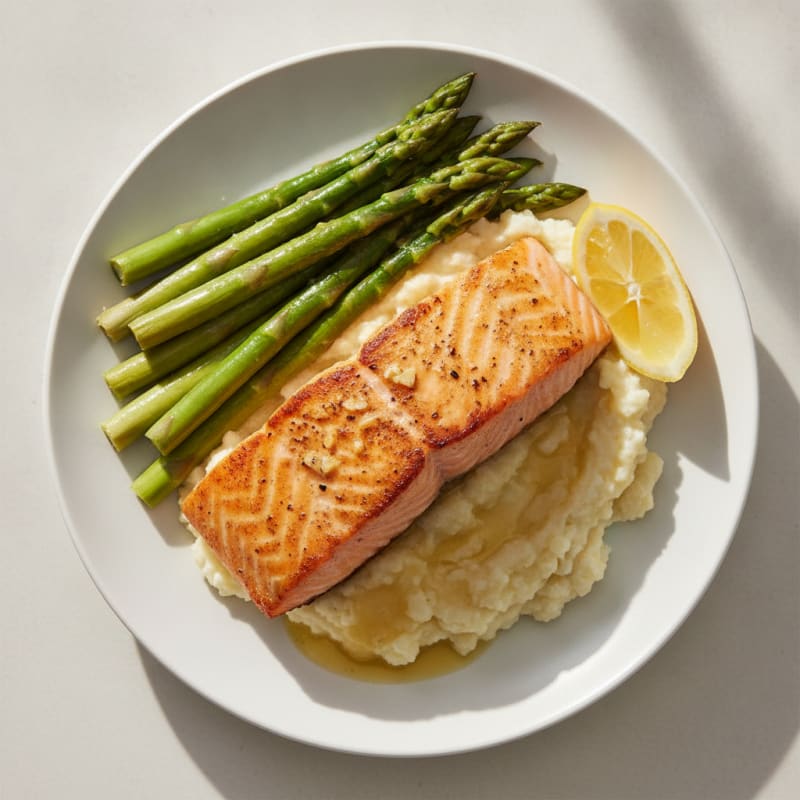 Seared Salmon with Steamed Asparagus and Cauliflower Mash